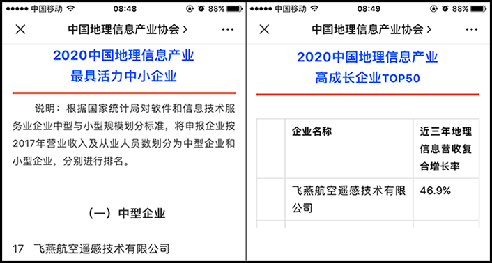 喜訊丨飛燕遙感榮獲2020中國(guó)地理信息產(chǎn)業(yè)最具活力中型企業(yè)榮譽(yù)稱號(hào)，榮耀入選2020中國(guó)地理信息產(chǎn)業(yè)高成長(zhǎng)企業(yè)TOP50！